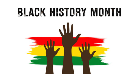 Fototapeta premium Black History Month Celebration Graphic with Three Diverse Raised Hands over Pan african Brush Strokes