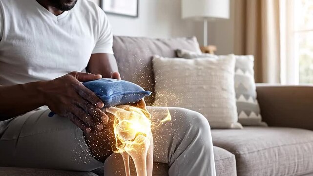 Man Applying Hot Pack to Injured Knee with Glowing Bone Structure and Sparks Showing Pain Relief and Healing