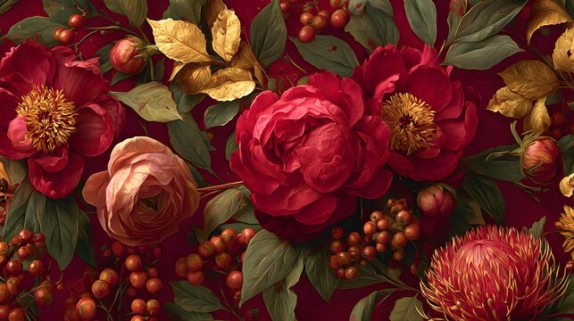 Vintage floral wallpaper with red peonies and birds ornate botanical pattern background