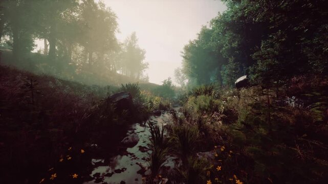 A tranquil forest pathway emerges through morning mist, showcasing vibrant wildflowers and a gently flowing stream. The serene atmosphere invites exploration and reflection in nature.