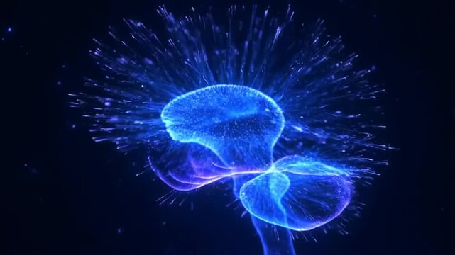 Holographic human brain dissolving into digital particles