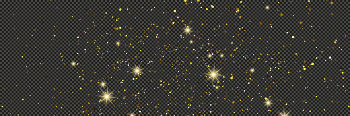 Gold glittering dust with stars on transparent backdrop
