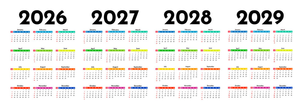 Set of calendars for 2026, 2027, 2028 and 2029 on a white background