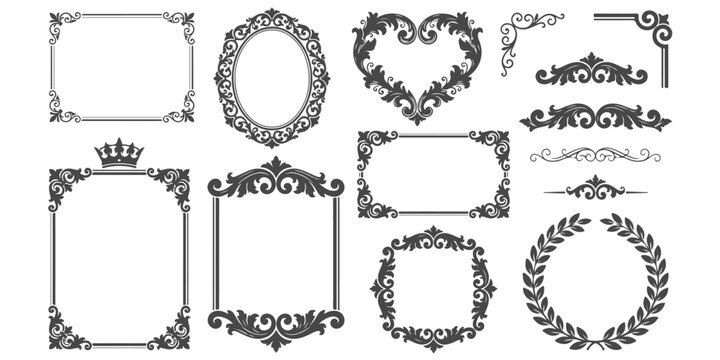 Collection of ornate vintage decorative borders and frames with floral elements, including a crown and heart shape, vector illustration