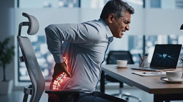 Middle-aged businessman experiencing severe lower back pain while sitting at his office desk, highlighting discomfort and health issues.