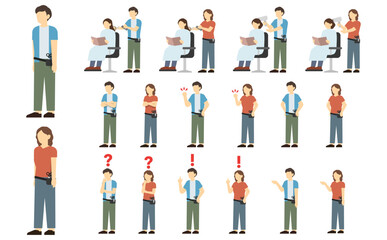 フラットイラスト：男女の美容師セット