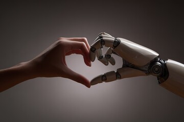 Naklejka premium Human hand and robotic hand forming a heart shape together