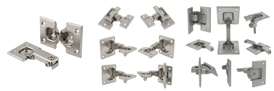 Set and collection of professional stainless steel cabinet door hinges and adjustable furniture hardware isolated on white transparent png background