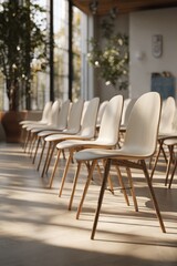 Fototapeta premium Sunlit modern chairs in a bright, minimalist interior for contemporary workspace design