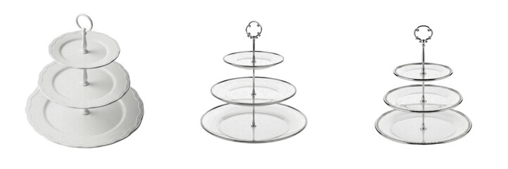Set and collection of elegant three tier white ceramic and glass cupcake stands and dessert towers isolated on white transparent png background © wonderfull