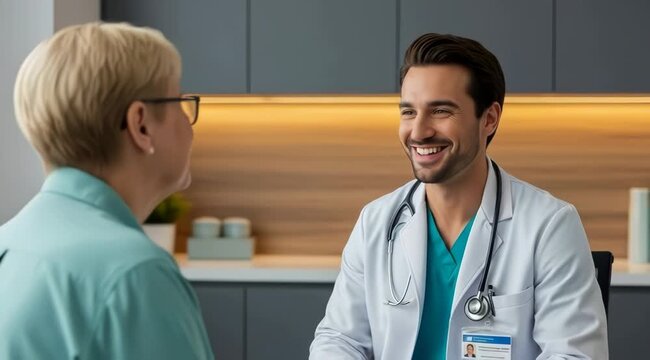 Young male doctor attentively listens to an elderly female patient during a consultation in a modern and clean medical clinic setting conveying empathy and care