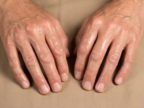 Scleroderma: Professional photography, close-up of tight, shiny skin on a person's hands, fingers appearing stiff and waxy, neutral background, sharp professional focus. Vivid light. Professional phot