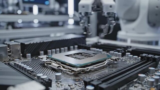 advanced robotic arm installing cpu on motherboard in high tech manufacturing facility with precision engineering and automation technology