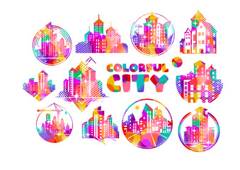Obraz premium Set of colored city logos. Hand drawn Not AI, vector illustration.
