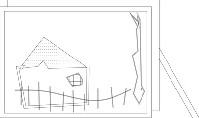 Simple line art illustration of a house with triangular roof, window, fence and tree, framed in rectangular border, black and white outline style.