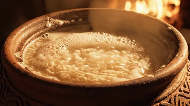 Close Up Of Rice Porridge Cooking In A Clay Pot Over A Fire With Bubbles And Steam Visible