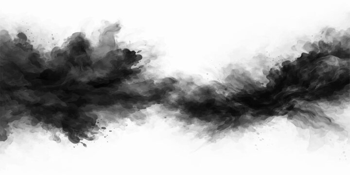Isolated black ink splat on an abstract white grunge texture background with smoke and dust clouds resembling a fire explosion