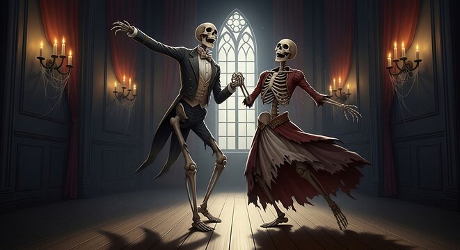 Elegant skeleton couple dancing in a dark ballroom with candlelight