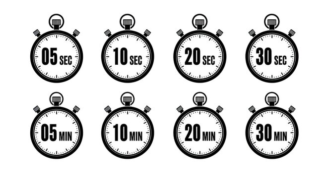 Collection of stopwatches displaying various time intervals from seconds to minutes in a grid arrangement on a clean background