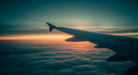 Fototapeta premium Airplane wing soaring through sunset clouds