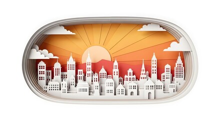 Paper Cutout Cityscape with Sunset