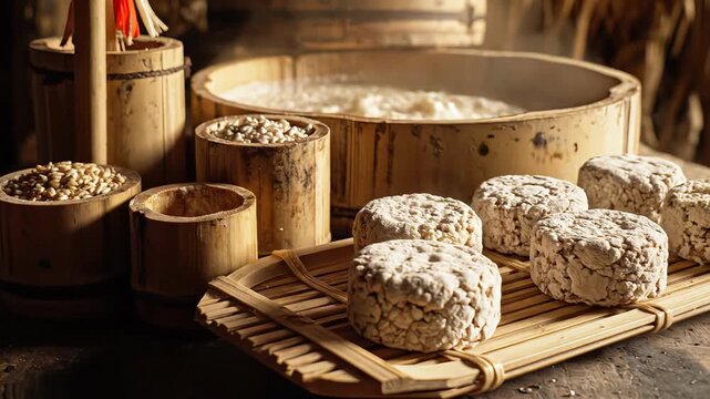 Close Up Of Traditional Fermentation Process With Grains Bubbling In Bamboo Container