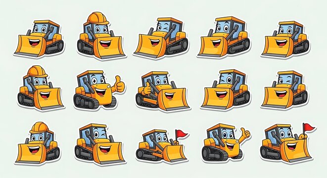 Set of cartoon construction vehicles emoticons.