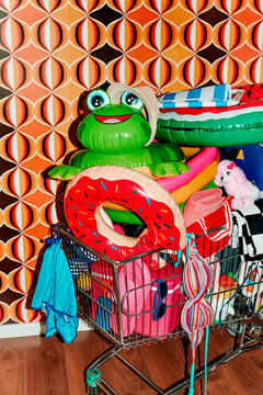 shopping cart filled with vacation essentials