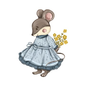 Illustration of a shy mouse with a bouquet of flowers