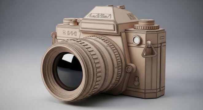 A close-up of a camera on a gray surface viewed from the side