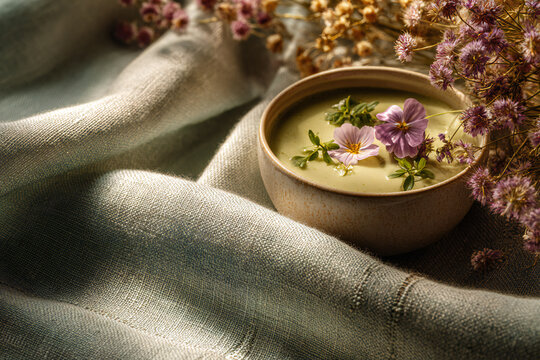 Macro close-up of sage green linen tablecloth with hand-stitched details beside ceramic gazpacho bowl, luxurious still life