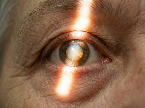 Cataracts: Professional photography vivid light, macro shot of a cloudy eye lens, elderly person looking up towards the light, clinical ophthalmology lighting, sharp detail.