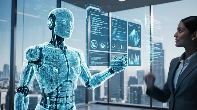 Artificial intelligence robot collaboration with human business professional for innovative technology integration and future strategy development in corporate settings successfully.