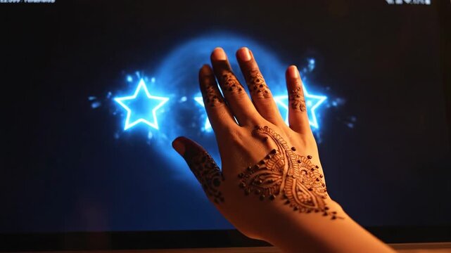 Beautifully decorated henna hand with intricate designs and patterns in front of glowing blue stars on a screen display.