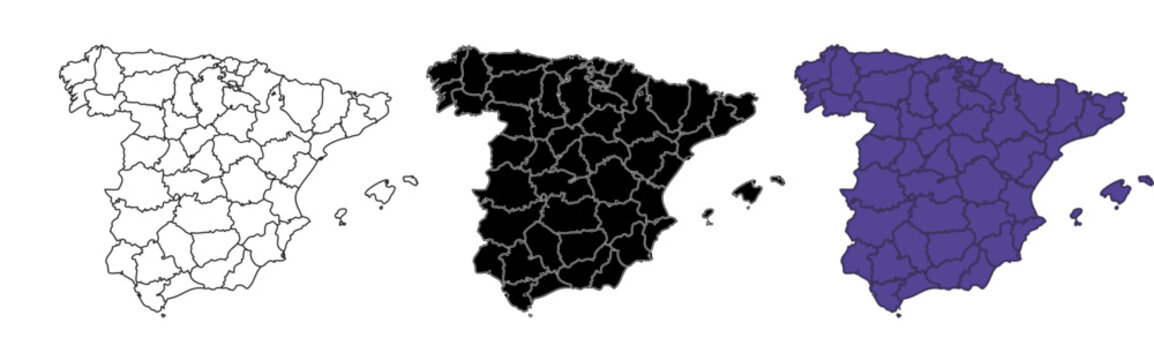 A set of  maps of Spain with prefecture boundaries in three styles.