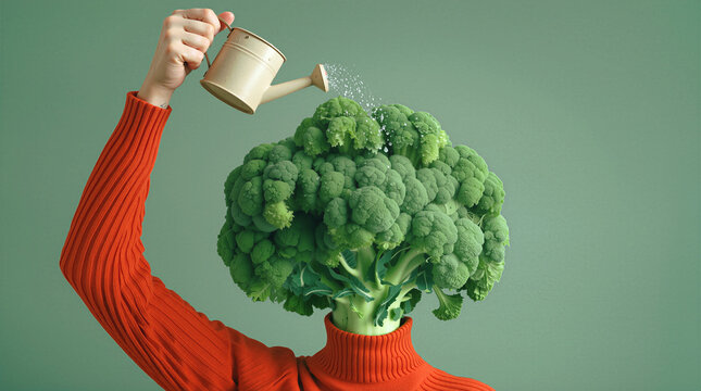 Surrealist depiction of person with broccoli head being watered. Creative health and nutrition concept featuring human figure in orange turtleneck sweater.
