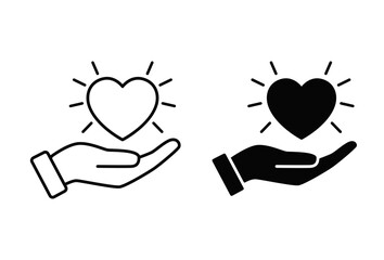 Hand holding heart icons Stroke and solid pictogram. Love, donation, help and healthcare concpt icons set. Vector