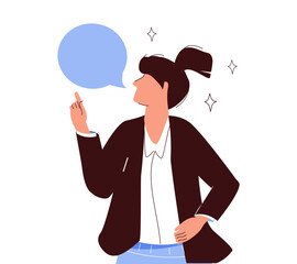 Professional businesswoman in a formal suit pointing up and thinking with a speech bubble, representing a creative idea