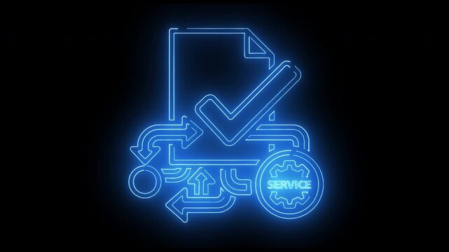 Neon blue line icon of document with checkmark and gears on black background.