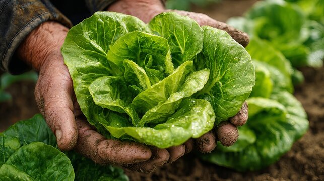 Large green lettuce leaves rest in hands, nestled in the loose, soft soil of a garden.