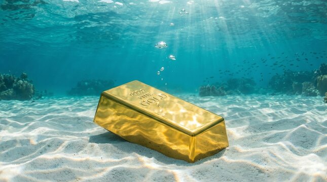 24k Gold Bar Underwater on White Sand Seabed with Sunlight Rays and Golden Caustics