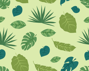 Bright summer background with tropical leaves and flowers, vector illustration. Rich colors abstract tropical background