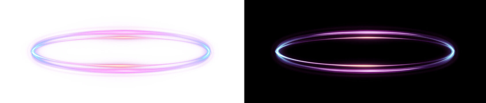 Abstract glowing neon light ring, futuristic elliptical frame with pink and blue light trails, glowing magic circle isolated element.