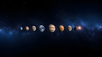 Fototapeta premium A stunning 3D visualization depicts the rare cosmic event of six planets aligning side by side in the night sky.
