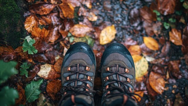 Hiking boots on autumn leaves