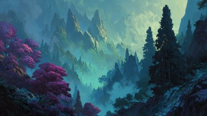 Mountains and forests in blue mist