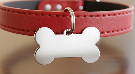 A close-up view of a shiny bone-shaped dog tag attached to a red dog collar illustration
