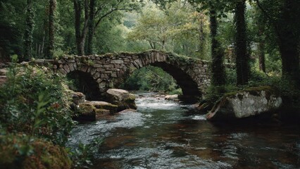 Naklejka premium Old stone bridge in a forest stream