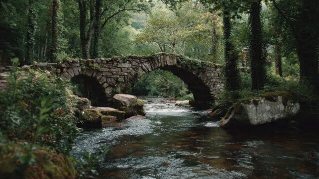 Old stone bridge in a forest stream