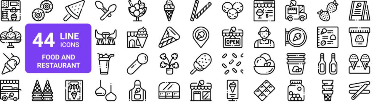 Set of 44 thin line food and restaurant icons. Ice cream, desserts, cups, cones, toppings. Outline vector illustration pack for web and apps